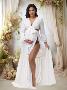 Maternity 2 Pcs/Set Outfits V-Neck Tie Long Sleeve Crop Top & Slit Skirt For Photoshoot Baby Shower - White - View 1
