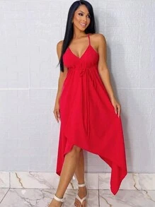 Women's Short Wrap Dress With Straps - Red - View 1