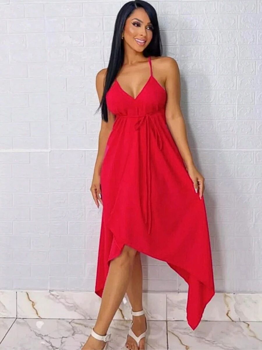 Women's Short Wrap Dress With Straps - Red - View 1