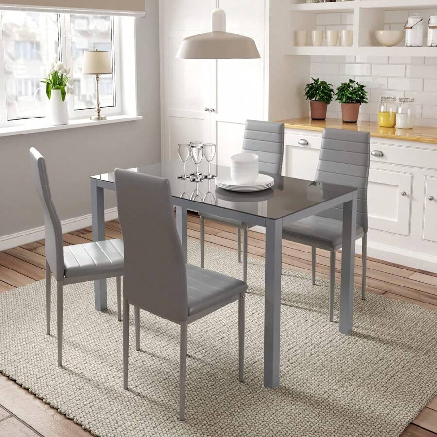 Dining Table And Chairs Set Of 4,Glass Kitchen Table And 4 Faux Leather Padded Chairs Kitchen Dining Table Set - Grey - View 1