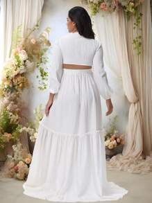 Maternity 2 Pcs/Set Outfits V-Neck Tie Long Sleeve Crop Top & Slit Skirt For Photoshoot Baby Shower - White - View 2