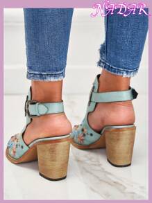 Blue Flower Printed Sandal Booties, Strappy Buckle Detail Chunky High Heel