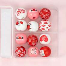 Valentine's Day Beads Set Of 12 Lips Love Heart Letter Pattern Wooden Beads For Bracelets Crafts