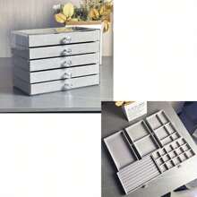 1pc 5-Layer Classic Jewelry Box, Beige & Gray Color, Velvet Lining, Crystal Handle, Plastic Top Surface, Polished Finish, Multi-Drawer, Multipurpose Storage Cabinet, Suitable For Home And Kitchen - Multicolor - View 11