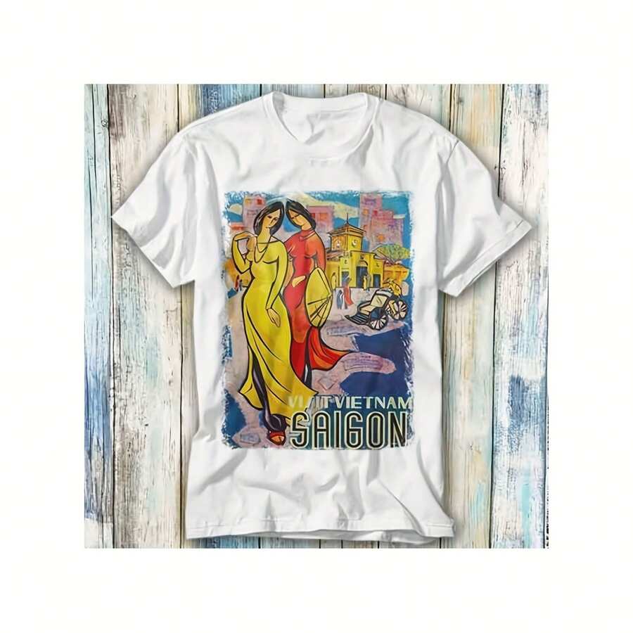 Saigon Vietnam Vintage Travel Poster T Shirt Meme Gift Funny Top Tee Style Unisex Gamerie Music 1133 - White - View 1