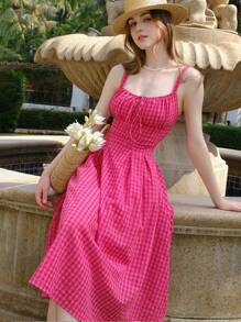 女式宽肩带前系带格子休闲连衣裙 - 玫紅色 - 查看 5