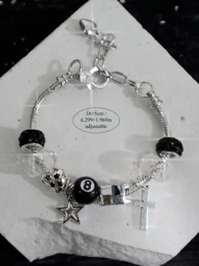 1 件 8 球台球吊饰可调节手链、1 件星形和十字吊饰手链、1 件豹纹和极简主义吊饰手链、可调节情侣手链 - 銀色 - 查看 11