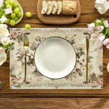 1set/1pc/4pcs/6pcs Shabby Chic Floral Placemats, 100% Linen Woven RectangularTable Decor, Elegant Rose And Lace Design, Machine Washable Polyester Placemat, Protected Tabletop, Heat Resistant, Dirty And Easy To Clean Placemats, Table Decoration, HolidayParty Layout, Desktop Protection, Can Be Used As Gifts