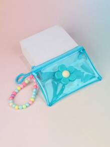 彩色透明零钱包，花卉串珠链儿童纯色钥匙扣袋，迷你收纳袋