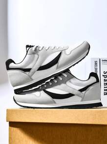 Men's Casual Outdoor Sport Shoes, Solid Color, Versatile, Breathable, Anti-Slip, Fabric Mesh Low-Top Lace-Up Low Heel Sneakers - Black and White - View 2