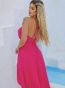 Women's Short Wrap Dress With Straps - Pink - View 2