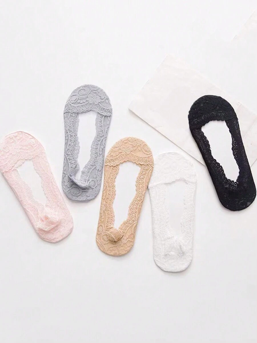 5 Pairs Women Thin Lace Sexy Low-Cut Invisible Boat Socks, Suitable For Daily Use In Spring And Summer - Multicolor - View 1