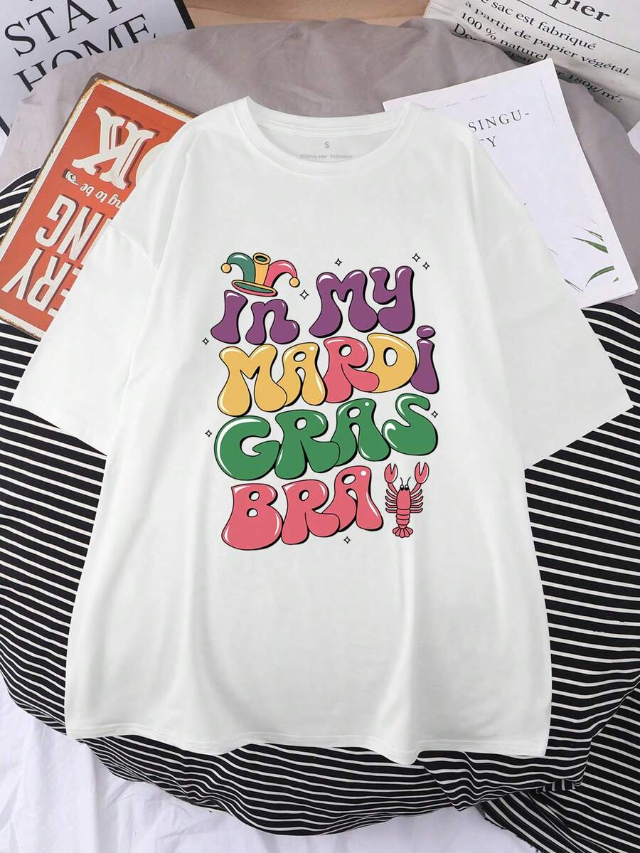 宽松女T恤 宽松女装时尚休闲字母小龙虾印花短袖T恤 女装白色圆领宽松舒适休闲运动短袖T恤 女装白色上衣 女装白色短袖T恤 春装夏季上衣