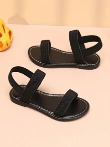 1 paar meisjes eenvoudige effen zwarte casual sandalen, zachte en comfortabele stoffen bandjes met TPR-zool, verstelbare dubbele elastische banden, platte hak, geschikt voor school, reizen en dagelijks gebruik
