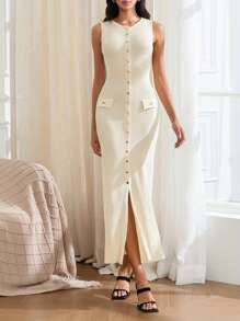 Women's Ribbed Knit Tank Dress Slim Sleeveless Button Down Split Long Dress For Party Club - Beige - View 2