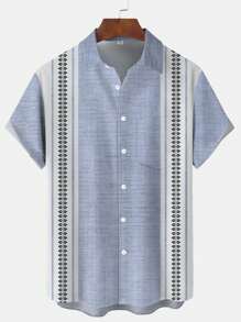 Retro geometrisches Farbblock strukturiertes 3D Digital bedrucktes Herren Kurzarm Hemd