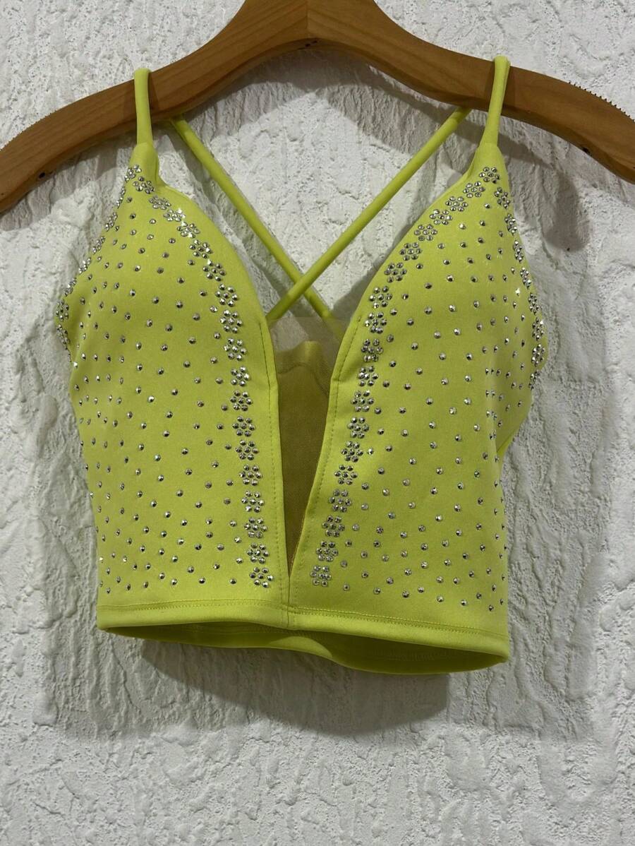 Cropped Top In Neuprene Fabric With Tulle And Extra Shiny With A Cup, Size 36-40 - Verde Lima - Ver 1