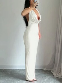 Vestido blanco elegante de verano para mujer, con escote halter y espalda descubierta - Blanco - Ver 4