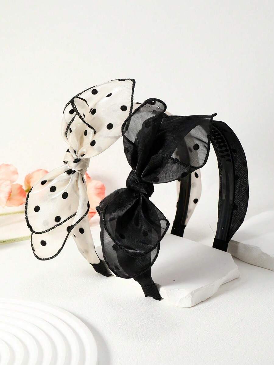 2/1 Pcs Polka Dot Bow Headband, Solid Color Elegant Fabric Headwrap Suitable For Daily Commute And Party