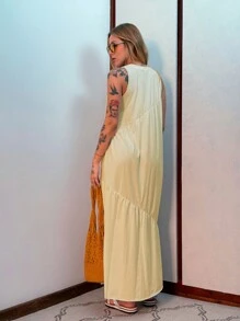 Women's Long Loose Dress In Cotton Knit Aveloz - 黃色 - 查看 2