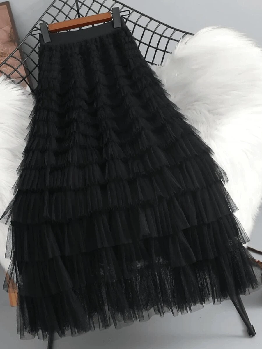 Temperament Knitted Skirt Layered Cake Skirt - Black - View 1