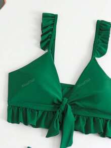 Conjunto De Bikini De Color Sólido Con Volantes De Un Hombro Y Parte Inferior De Bikini Con Impresión Al Azar, Con Cubierta De Falda,Traje De Baño Bikini Para Mujer 3 Piezas