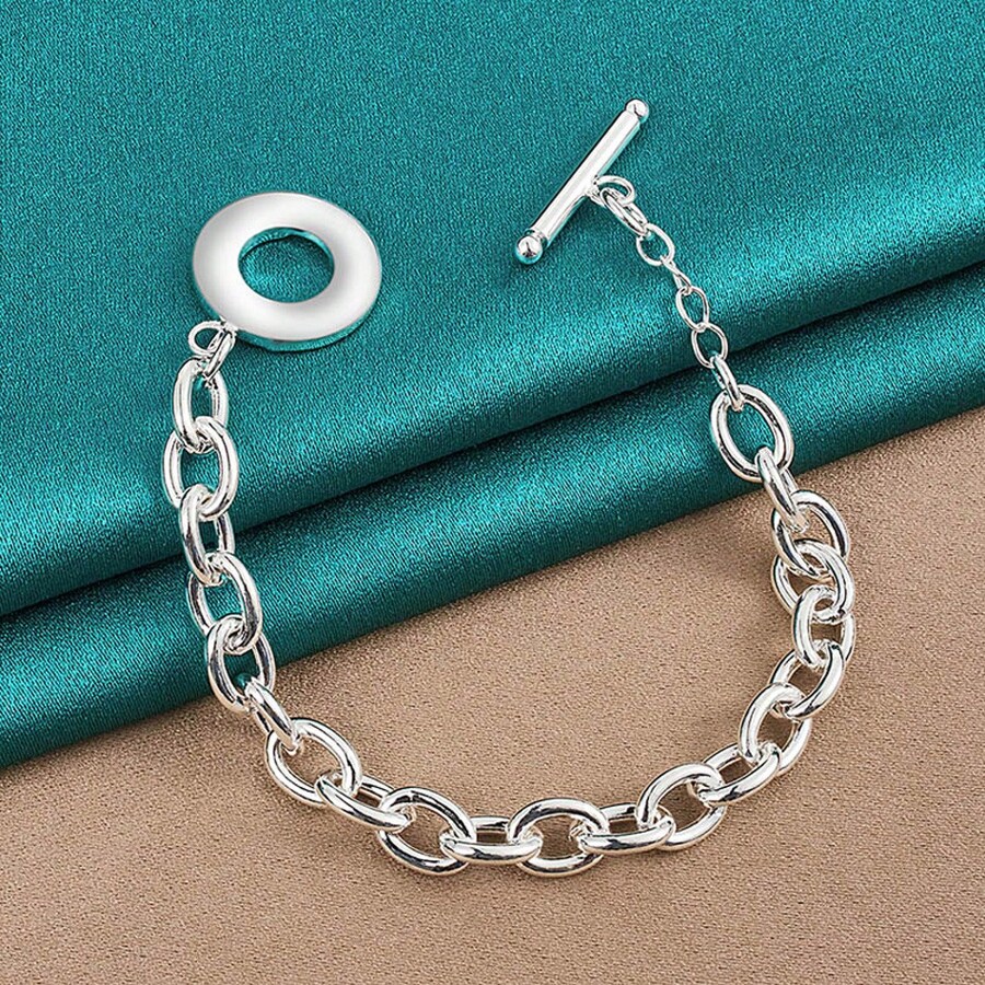 925 Sterling Silver Plated Bracelets For Women Fine Simple OT Chain ...