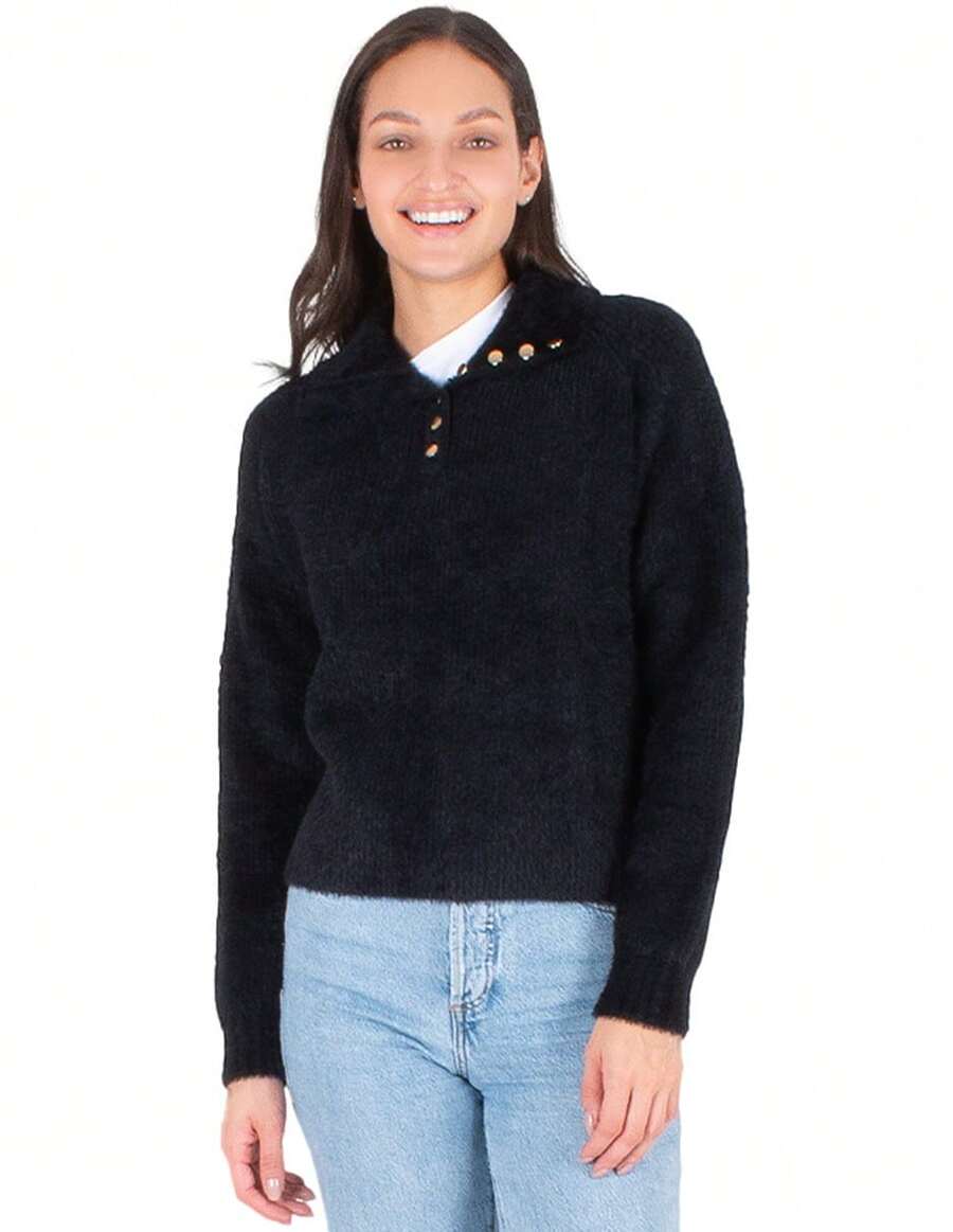 Generra | Women's Round Neck Knitted Sweater With Buttons - Black - View 1