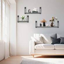 3x Floating Shelves Wooden Wall Mounted Shelves Storage And Display Racks Metal Brackets For Kitchen Bathroom Bedroom Living Room Office Rustic StyleRoom Decor - Grey - View 2