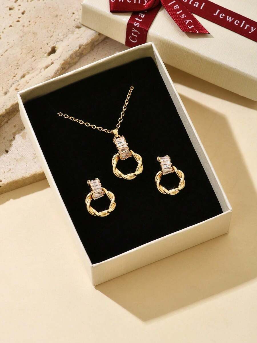 Bộ 3 chiếc khuyên tai và vòng cổ mặt tròn đính đá đồng thanh lịch, dành cho phụ nữ hàng ngày, hẹn hò, tiệc tùng - Vàng - Xem 1