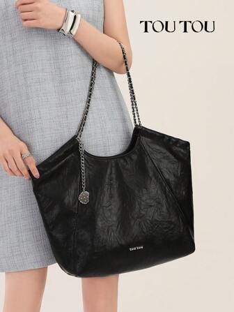 TOUTOU Minimalist Vintage Business Casual Large Capacity Chain Tote Bag & Designer Inspired Handbags & Black Purse Fall Essential