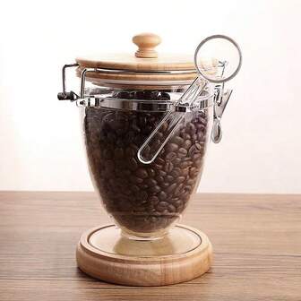 1 st. lufttät behållare för kaffe i ek, genomskinlig lufttät burk, lufttät behållare för kaffe för hushållet, lufttät behållare i plast, förvaringsbehållare för kaffemat, lufttät behållare i rostfritt stål med spänne för spannmål och teblad