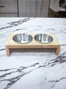Comedouro PEQUENO para gatos ou cachorros de pequeno porte agua e ração 2 potes de alumínio com base de madeira de Pinus finger Mini Madeira natural Pets Pequeninos