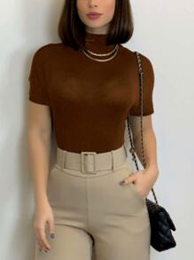 Women's Short Sleeve High Neck Ribbed Blouse For Summer - Màu be - Xem 2