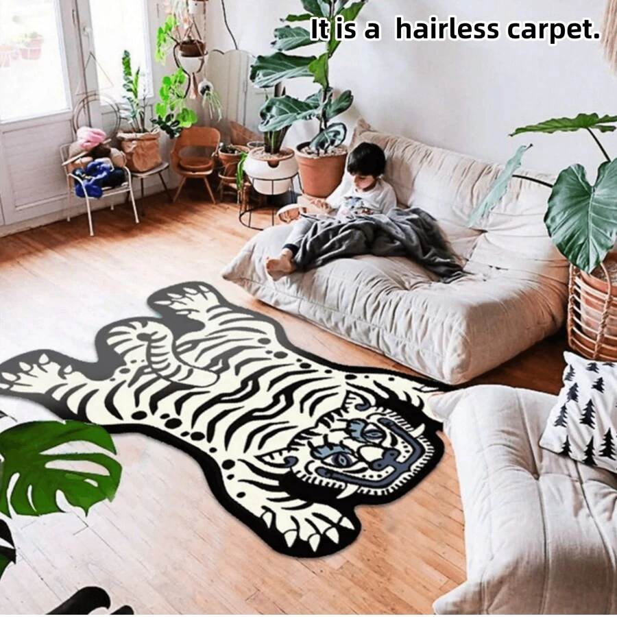 个性化不对称虎纹地毯/垫子适用于卧室床边地板装饰、房间装饰 - 米色 - 查看 1