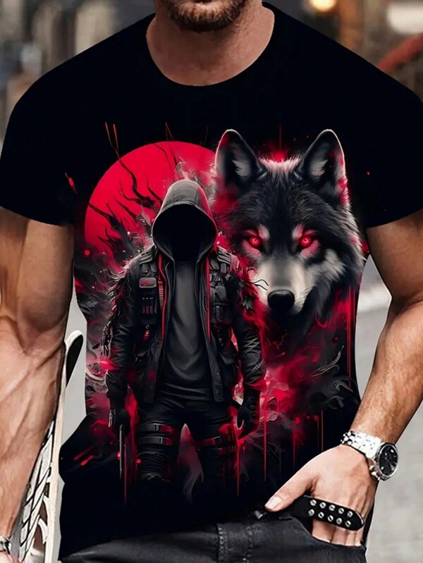 Camiseta de punto de verano con gráfico casual de estilo callejero de lobo y hombre con capucha