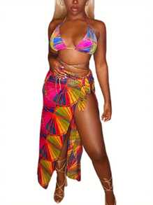 Women Three-piece Bikini with Halter Neck Design Personality Colorful Print Summer Clothing - Como se muestra en la figura - Ver 5