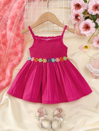 Baby Girl Cute Floral Applique Decorated Sleeveless Dress, Sweet Summer