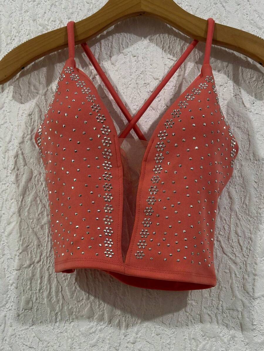 Cropped Top In Neuprene Fabric With Tulle And Extra Shiny With A Cup, Size 36-40 - Rosado Sandía - Ver 1