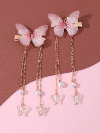 2pcs/Set Faux Pearl Tassel Butterfly Hair Clips, Retro Butterfly Hairpins Headdress, Suitable For Daily And Festival Wear Claw Clips Hair Claws Hair Barrettes, School Stuff, Pearl Hair Accessories