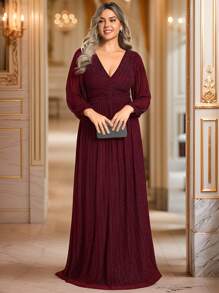 EVERPRETTY 大码优雅深V领透气长袖酒红色正式晚礼服，适合婚礼宾客、宴会派对、婚礼正式场合、新娘母亲出席婚礼等场合，亦可作为半正式晚礼服穿着。春季优雅新娘母亲晚礼服 - 酒紅色 - 查看 9