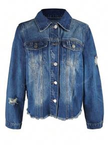 Women's Plain Simple Distressed Washed Denim Jacket, Suitable For Autumn