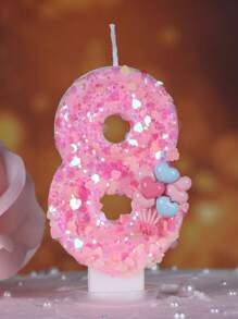 1pc Heart-Shaped Glitter Love Pink Balloon Numeral Birthday Candle, Cake Decoration Party Decor, Anniversary Celebration - Multicolor - View 10