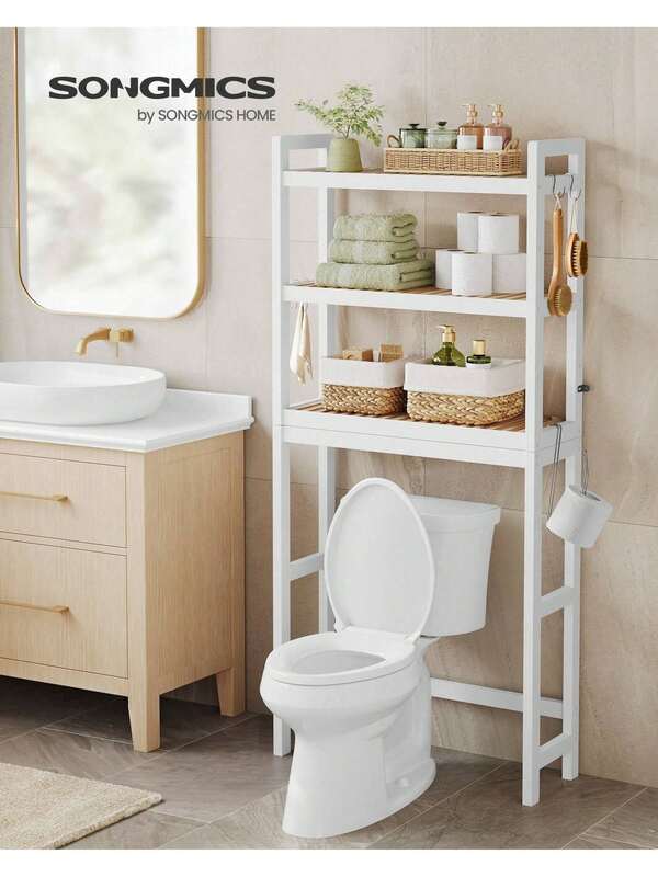SONGMICS Mueble para Inodoro, Estante sobre Inodoro, Estantería de 3 Niveles, Estante Ajustable, Blanco Nube y Beige Natural MBTS001W02