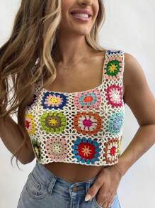 Nuevo chaleco de punto y hueco con flores de ganchillo de colores variados para mujer, para uso en la playa en primavera y verano, estilo de vacaciones en la playa, top con tirantes cortos
