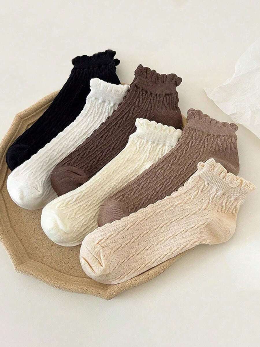 6 双/包女士纯色中筒袜,秋季款蘑菇边绒面袜,日式高腰碎花边长筒袜,春秋款 - 彩色 - 查看 1