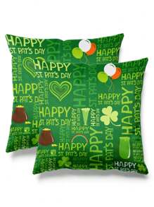 1 Pc Green Four-Leaf Clover St. Patrick's Day Pillowcase, Personalized Creative Text & Graphic Festival Celebration Home Decor For Living Room, Sofa, Bedroom, Printing Position Random, Without Pillow Insert Gifts Birthday Graduation