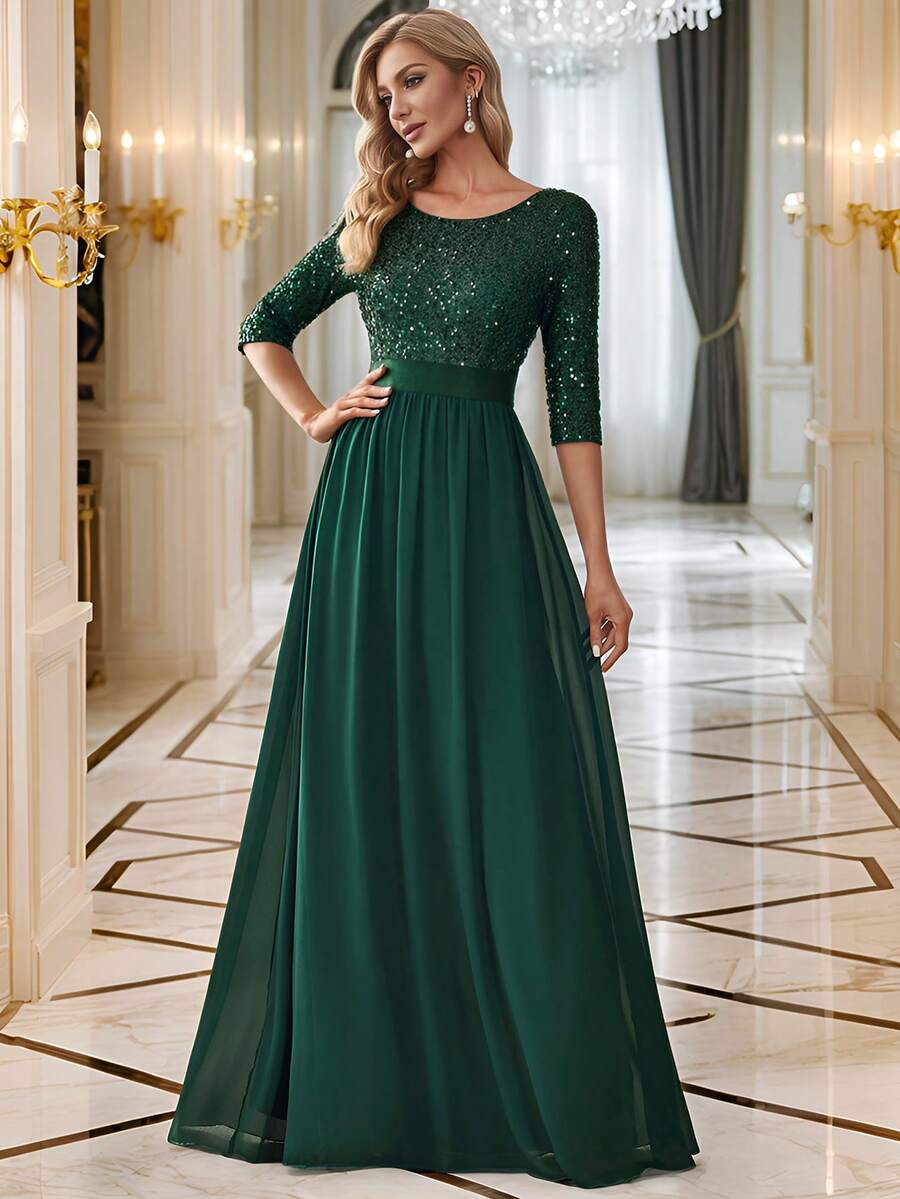 Colorblock Sequin Chiffon Formal Gown, Suitable For Wedding Guest, Graduation Ceremony, Gala Dinner, Party And Other Formal Occasions - Dark Green - View 1