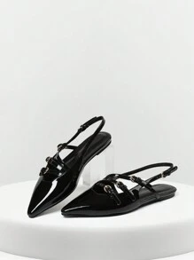 Flats For Womens Strappy Sandals Pointed Toe Flat Heel Adjustable Buckle Strap Comfy Slip On Party Wedding Casual Work Dailywear Sandals Slingback Dressy Spring Summer Shoes - 黑色 - 查看 1