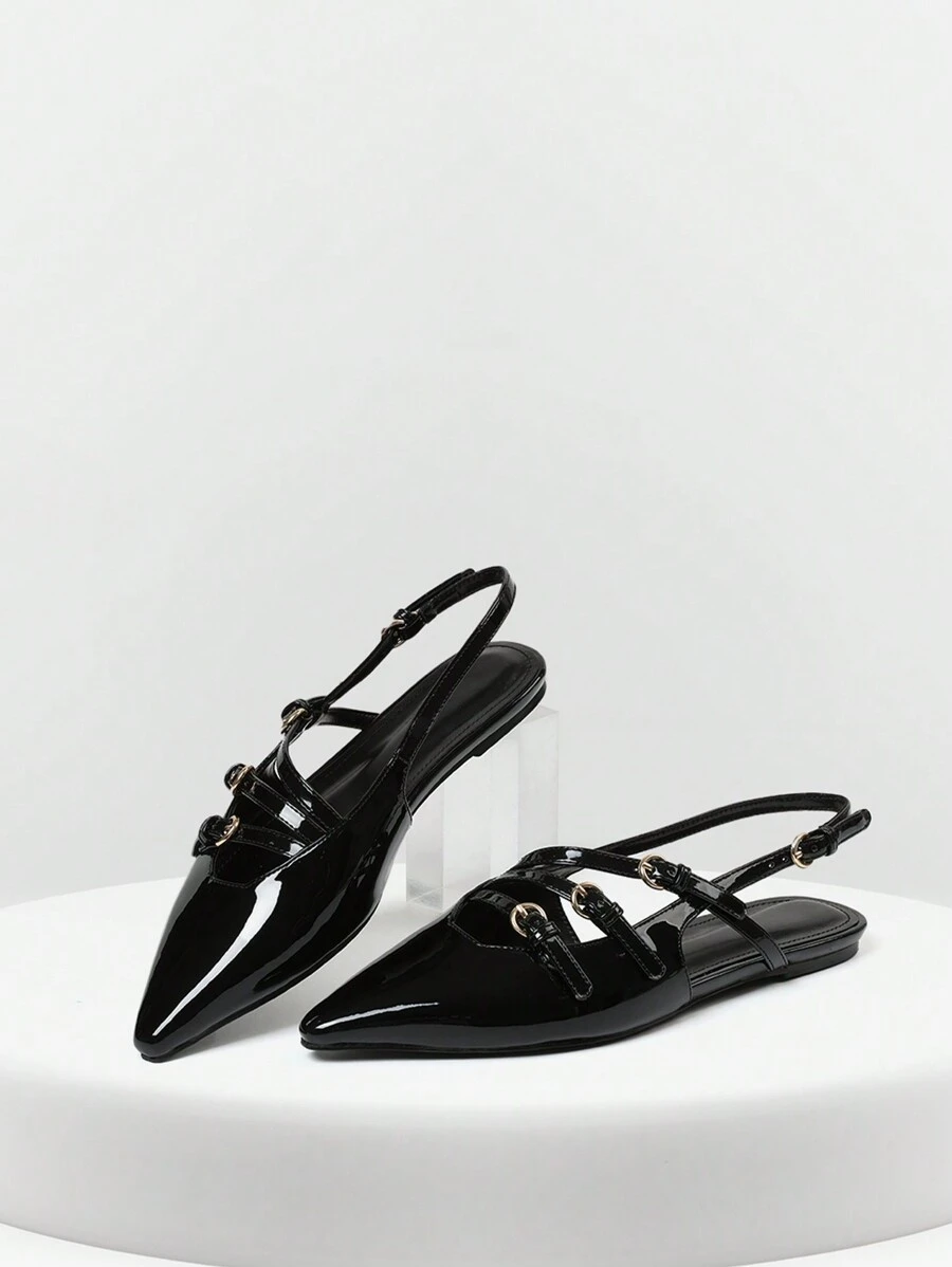 Flats For Womens Strappy Sandals Pointed Toe Flat Heel Adjustable Buckle Strap Comfy Slip On Party Wedding Casual Work Dailywear Sandals Slingback Dressy Spring Summer Shoes - 黑色 - 查看 1